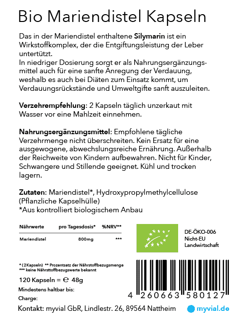 Bio Mariendistel 120 Kapseln - Gesund für die Leber - Vegan