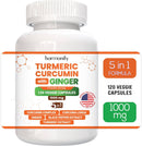 Eine Flasche Harmonify Turmeric Curcumin mit Ingwer, beworben als 5-in-1-Formel mit 120 veganen Kapseln und 1000 mg, mit einer "Proudly USA Company"-Flagge. Die Inhaltsstoffe umfassen Curcumin Komplex, Curcuma Longa, Ingwer, Schwarzpfefferextrakt und Kurkumaextrakt.