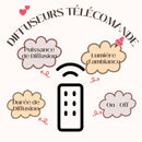Eine Grafik, die die Funktionen eines ferngesteuerten Diffusors (DIFFUSEURS TÉLÉCOMMANDE) darstellt, wobei eine Fernbedienung auf vier Sprechblasen zeigt, die beschriftet sind mit: Diffusionsleistung (Puissance de Diffusion), Stimmungslicht (Lumière d'ambiance), Diffusionsdauer (Durée de Diffusion) und Ein / Aus (On / Off).