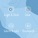 Vier Symbole auf hellblauem, wellenförmigem Hintergrund. Jedes Symbol trägt die Beschriftung „Hell & Dunkel“, „Farbe“, „Warm & Kalt“ und „Handwäsche“ und symbolisiert so die Pflegehinweise.