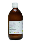 Braune Glasflasche Kokosöl (500 ml) der Marke Ayurveda, vorderseitig beschriftet mit "COCO Aceite", Bio-Zertifizierung und den Angaben "100% Natural, Gluten-Free, OMG".