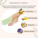 Infografik für feuchtigkeitsspendende Socken mit Inhaltsstoffen wie Olivenöl, Jojobaöl, Vitamin E und Lavendelöl.