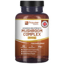 Eine Flasche Prowise Advanced High Strength Mushroom Complex, 2000mg, mit "Made in UK" Siegel. Sie enthält 120 vegane Tabletten für einen 4-monatigen Vorrat, mit 7 Nährstoffkomponenten und einem Mix aus 6 Pilzen und schwarzem Pfeffer.