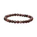 Elastisches Perlenarmband mit polierten, runden Rhodonit-Steinen in Rosa-, Rosé- und Dunkelbraun-/Schwarz-Tönen.