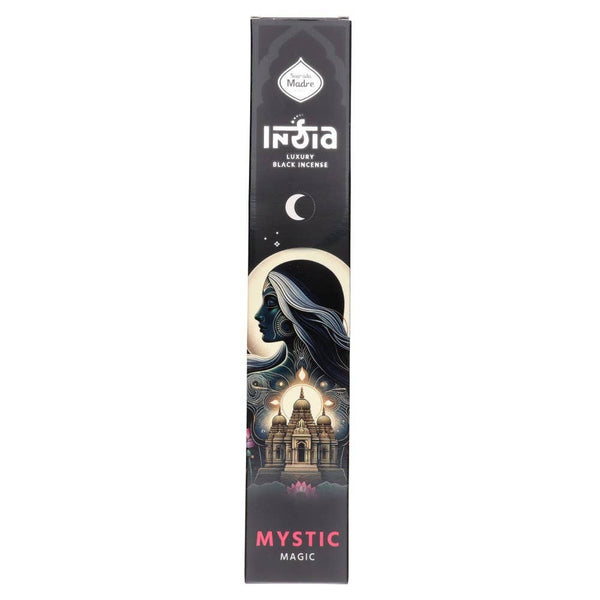 Sagrada Madre India Luxury Black Incense Schachtel, Sorte Mystic Magic, mit dunkler Illustration eines Frauenprofils und eines Tempels.