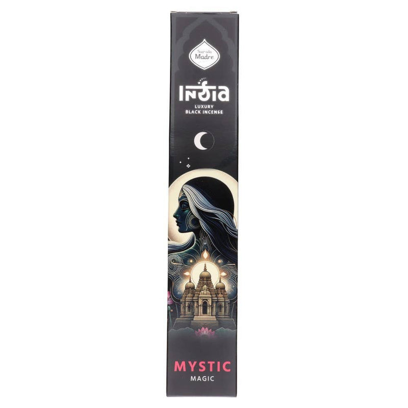 Sagrada Madre India Luxury Black Incense Schachtel, Sorte Mystic Magic, mit dunkler Illustration eines Frauenprofils und eines Tempels.