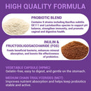 Eine violette Infografik, die eine hochwertige Formel mit Probiotika-Mischungen, Inulin, FOS und pflanzlichen Kapseln beschreibt.