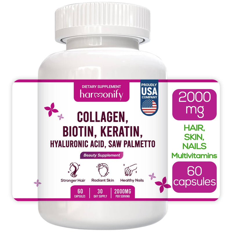 Eine Flasche Harmonify Kollagen, Biotin, Keratin, Hyaluronsäure, Sägepalme Nahrungsergänzungsmittel mit 2000 mg und 60 Kapseln, als Multivitamin für Haar, Haut und Nägel beworben, mit dem Siegel "Proudly USA Company".
