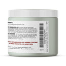 Nahaufnahme der Seite des Aztec Secret Indian Healing Clay-Tiegels, auf der die einzige Zutat, Natürlicher Kalzium-Bentonit (Grüner) Ton, aufgeführt ist, und die besagt, dass er sonnengetrocknet ist und keine Duftstoffe, keine Tierversuche, keine tierischen Produkte und keine Zusatzstoffe enthält.