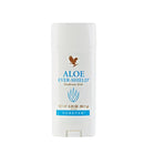 Ein weißer Stick des Forever Aloe Ever-Shield Deodorant Stick, mit dem Adler-Logo der Marke, einer Aloe-Blatt-Grafik und einem blauen Streifen, mit einem Nettogewicht von 3,25 oz. (92,1 g).