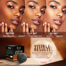 Entwicklung der Haut einer Frau über 30 Tage mit afrikanischer schwarzer Seife. Die Haut wirkt glatter und reiner. Der Text hebt die Vorteile hervor, einschließlich der Faltenreduzierung.