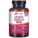 Eine Dose Prowise Super Strength geruchlose Knoblauch-Softgel-Kapseln als Nahrungsergänzungsmittel.