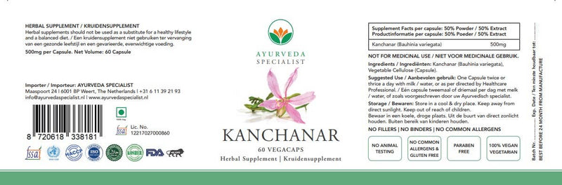 Ayurveda Specialist B.V. - Kanchanar - 60 Vegacaps – Natürliche Unterstützung für Hautgesundheit & Hormonbalance