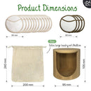 Maße von wiederverwendbaren Wattepads (80 mm Durchmesser), einem Netz-Wäschesack (240x200 mm) und einem Bambus-Aufbewahrungshalter (105x95 mm).