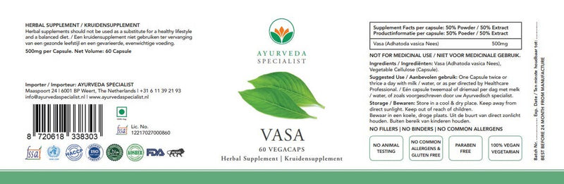 Ayurveda Specialist B.V. - Vasa Kapseln 500 mg – Natürliche Unterstützung für freie Atmung