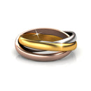Drei ineinandergreifende Ringe aus Gelb-, Weiß- und Roségold mit mattem Finish.