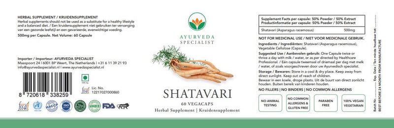 Ayurveda Specialist B.V. – Satavari (Shatavari) 500 mg Kapseln