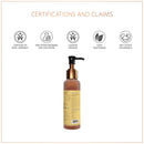 Eine Werbegrafik für SoulTree Rejuvenating Body Oil, die wichtige Zertifizierungen wie COSMOS Organic, 100% vegetarisch und ohne Tierversuche hervorhebt.