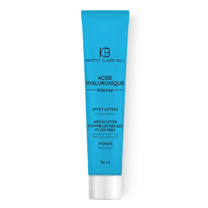 Blaue Tube 'Acide Hyaluronique Intense' von Institut Claude Bell, 50 ml, mit Lifting-Effekt und Anti-Falten-Vorteilen, auf weißem Hintergrund.