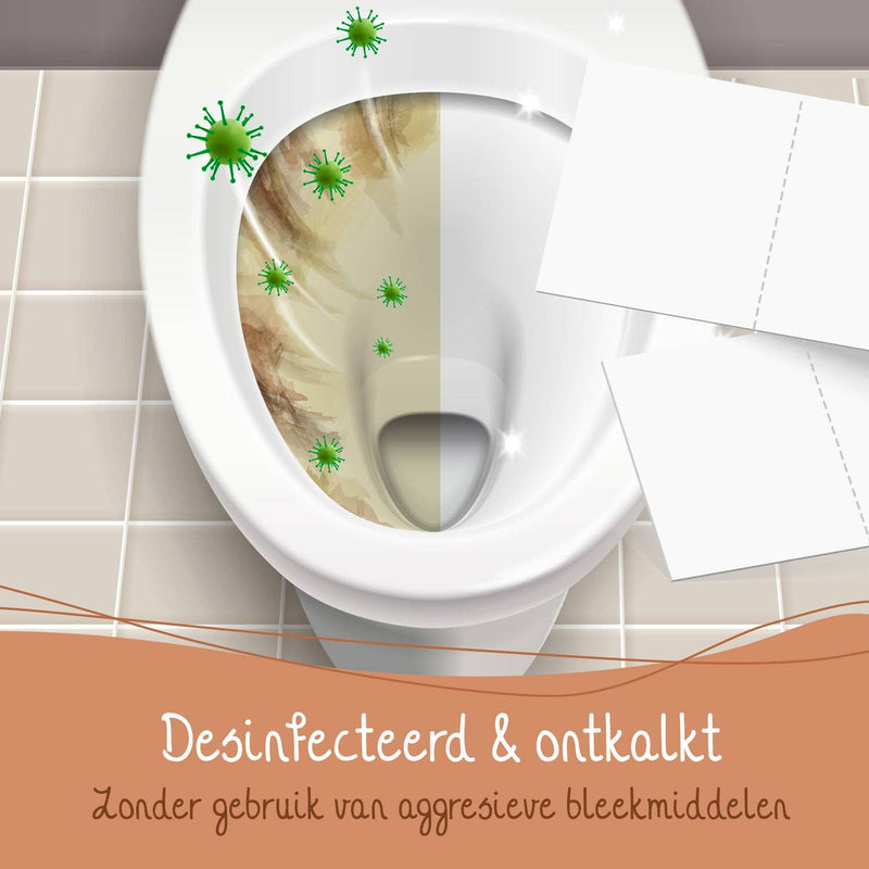 Eine Toilettenschüssel, geteilt zur Darstellung einer schmutzigen, verunreinigten linken Seite mit grünen Bakterien-Symbolen und einer sauberen, glänzenden rechten Seite, illustriert, dass sie "Desinfiziert & entkalkt" ohne aggressive Bleichmittel ist, unter Verwendung von Reinigungsblättern.
