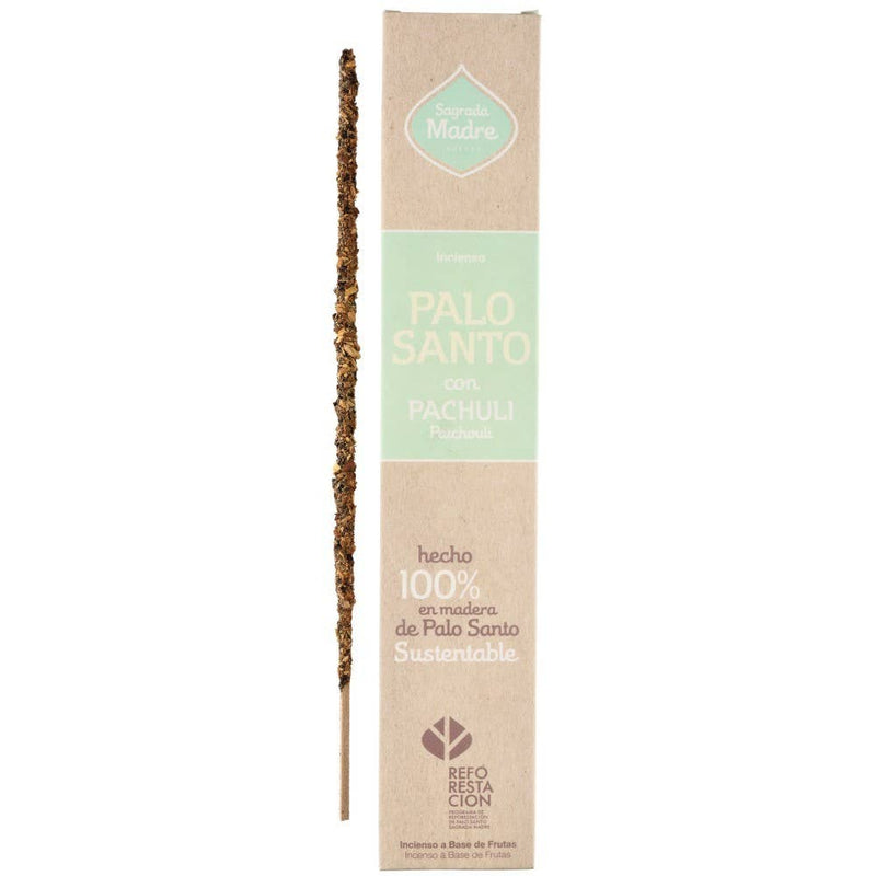 Sagrada Madre Räucherstäbchen (Palo Santo und Patchouli) und nachhaltige Verpackung, hergestellt aus 100 % nachhaltigem Palo-Santo-Holz.