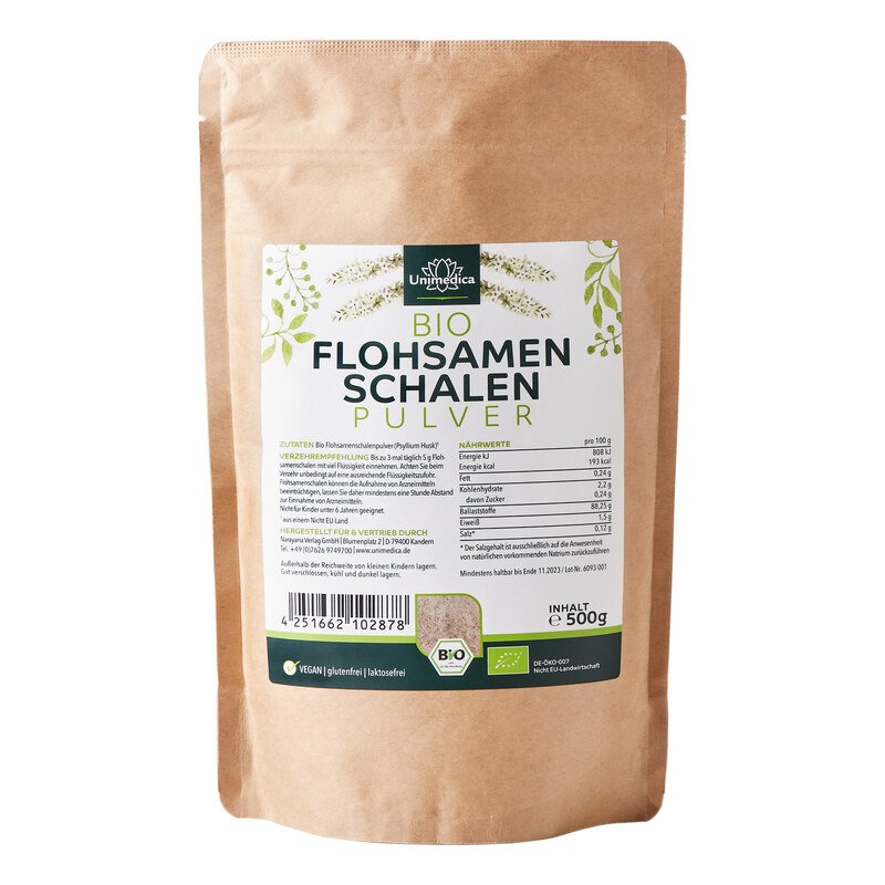 Bio Flohsamenschalen - 99 % Naturreinheit - Premiumqualität - 500 g Pulver