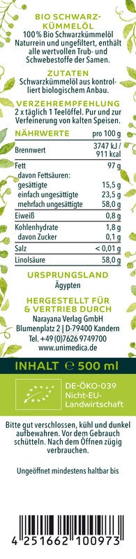 Bio Schwarzkümmelöl ungefiltert 500 ml