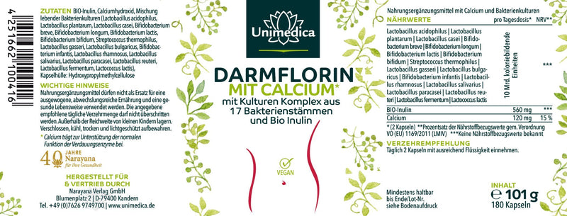 Darmflorin mit Calcium* - mit Kulturen-Komplex aus 17  Bakterienstämmen und Bio-Inulin - 180 Kapseln