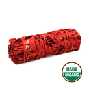 Dragons Blood Salbei Räucherbündel in kräftigem Rot, gebunden mit Naturfaden, freigestellt vor weissem Hintergrund mit Bio-Zertifikat.