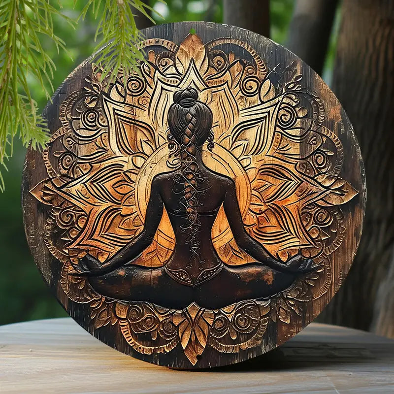 Frühling Rundes Metallschild (20,32 cm) – Holzgeschnitztes, bemaltes Kranz-Schild für Eingangsdekoration. Perfektes Geschenk für Jungen und Yoga-Dekor!