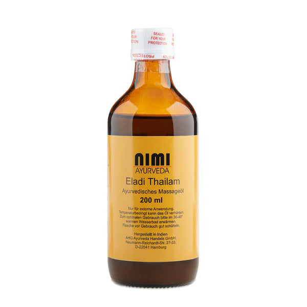 Eine 200 ml Braunglasflasche NIMI AYURVEDA Eladi Thailam Ayurvedisches Massageöl, versiegelt und freigestellt auf weißem Hintergrund.