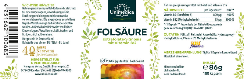 Acide folique avec Extrafolate S de Gnosis et vitamine B12 - 800 µg d'acide folique et 25 µg de vitamine B12 par dose quotidienne (1 capsule) - 180 capsules - d'Unimedica