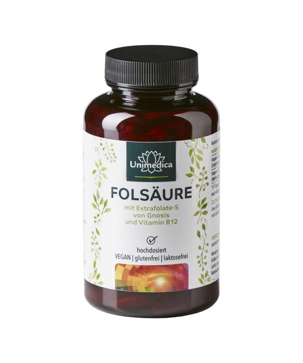 Acide folique avec Extrafolate S de Gnosis et vitamine B12 - 800 µg d'acide folique et 25 µg de vitamine B12 par dose quotidienne (1 capsule) - 180 capsules - d'Unimedica