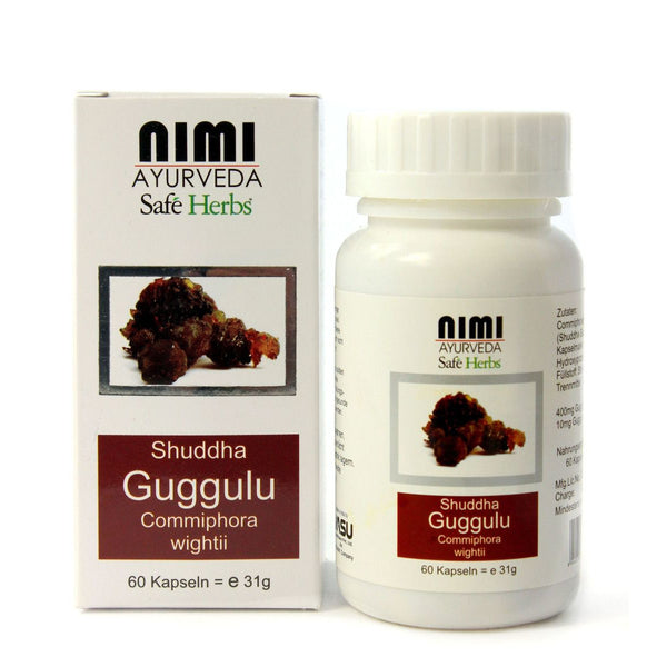 Eine weiße Flasche und Schachtel NIMI AYURVEDA Shuddha Guggulu Kapseln (60 Kapseln/31g), mit einer Abbildung des Commiphora wightii Harzes.