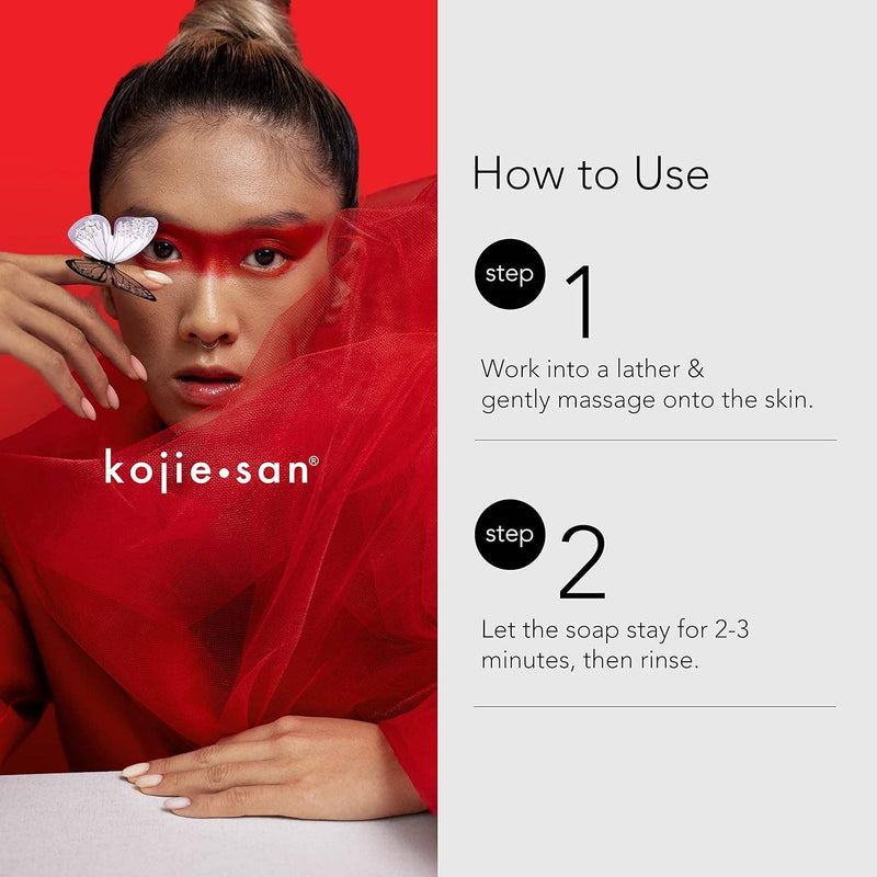 Eine auffällige Beauty-Aufnahme einer Frau mit hohem Dutt, rotem Tüllstoff und kräftigem rotem Augen-Make-up, neben den Anweisungen für die Kojie.san-Seife: Schritt 1 (Aufschäumen und sanft einmassieren) und Schritt 2 (Seife 2-3 Minuten einwirken lassen, dann abspülen)