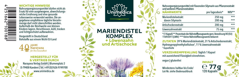 Mariendistel - Komplex mit Artischocke und Löwenzahn - 120 Kapseln - von Unimedica