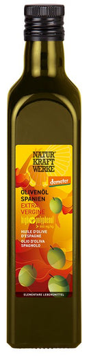 Bio Olivenöl Spanien extra vergine von Naturkraftwerke in dunkler Glasflasche, Demeter-zertifiziert, hochwertiges natives Olivenöl mit hohem Polyphenolgehalt.