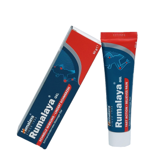 Himalaya Rumalaya Gel (60g Tube und Karton) zur schnellen Linderung von Schmerzen, mit der deutschen und englischen Verpackung nebeneinander.