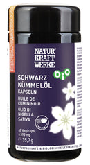 Bio Schwarzkümmelöl Kapseln von NaturKraftWerk, 60 vegane Nahrungsergänzungskapseln, die schwarzen Schwarzkümmelöl enthalten.