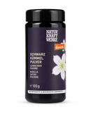 Bio Schwarzkümmel Pulver von NaturKraftWerk in 100 g Verpackung, feines Gewürzpulver aus biologischer Demeter-Qualität.
