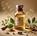 Eine Glasflasche mit goldener Flüssigkeit, beschriftet als "Ayurvedisha Oil", umgeben von Gewürzen, Blättern und getrockneten Zitronenscheiben.