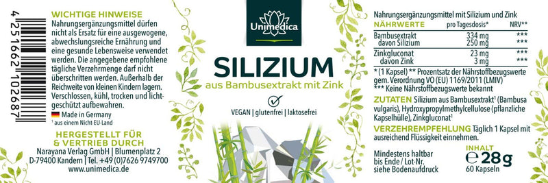 Silizium aus Bambusextrakt mit Zink - 250 mg Silizium pro Tagesdosis (1 Kapsel) - 60 Kapseln