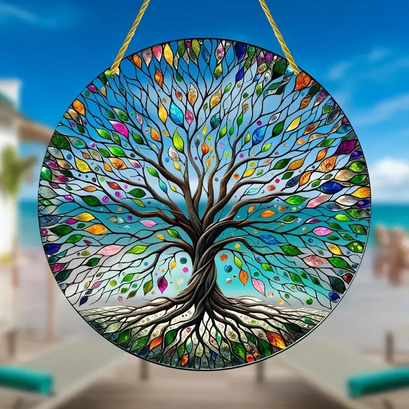 1 Piece Tree Suncatcher - Round Window Decoration (6") Made of Acrylic - Perfect Spring Decor and Gift for Women - Wall and Porch Decor