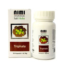 Eine weiße Schachtel und eine weiße Plastikflasche mit NIMI AYURVEDA Triphala-Kapseln. Das Etikett zeigt die Früchte Haritaki, Amalaki und Bibhitaki, den Inhalt von 60 Kapseln und das Gewicht von 34 g.