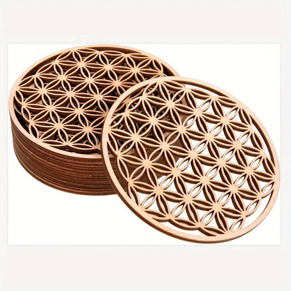 Set of 10 wooden coasters with flower of life