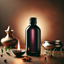 Eine dunkle Flasche, eine brennende Kerze in einer kleinen Schale, ein Sternanis und grüne Blätter auf einem Tisch. Im Hintergrund sind zwei Gefäße zu sehen. Das Bild hat eine dunkle, warme Beleuchtung.