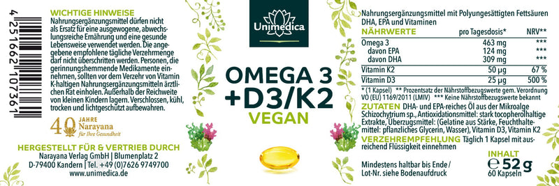 Vegan Omega 3 + Vitamin D3 + K2 - Algenöl - 60 Softgelkapseln - von Unimedica