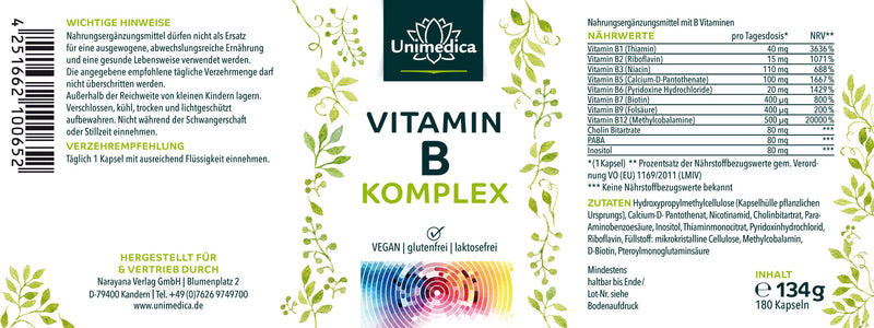 Vitamin B Komplex - hochdosiert - 180 Kapseln