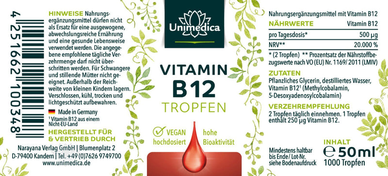 Vitamin B12 Tropfen - mit 500 µg Vitamin B12 pro Tagesdosis (2 Tropfen) - ohne Alkohol - VEGAN - 50 ml