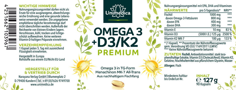 Vitamin D3 + K2 MK7 All-trans + Omega 3 - Premium - aus nachhaltigem Fischfang - 90 Softgelkapseln - von Unimedica